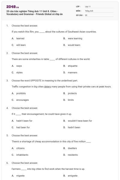 20 câu trắc nghiệm Tiếng Anh 11 Unit 8. Cities - Vocabulary and Grammar - Friends Global có đáp án