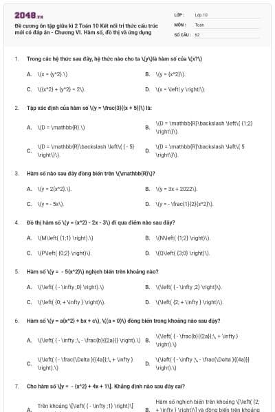 Đề cương ôn tập giữa kì 2 Toán 10 Kết nối tri thức cấu trúc mới có đáp án - Chương VI. Hàm số, đồ thị và ứng dụng