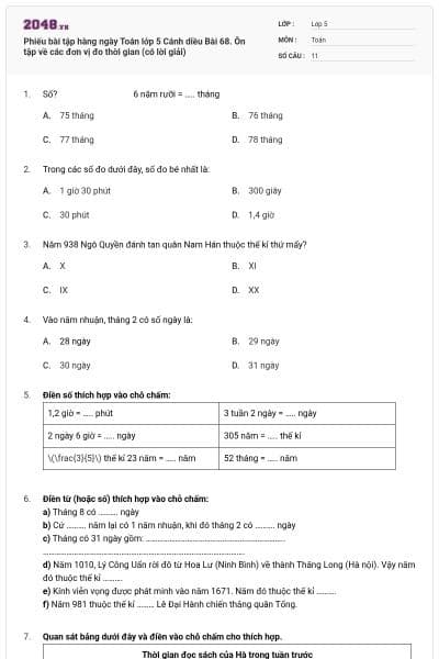 Phiếu bài tập hàng ngày Toán lớp 5 Cánh diều Bài 68. Ôn tập về các đơn vị đo thời gian (có lời giải)