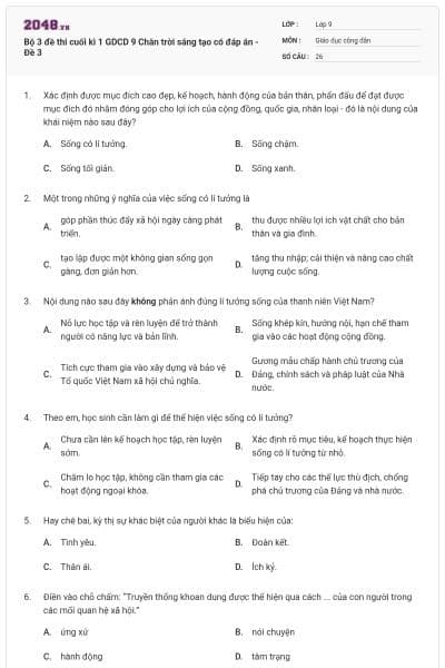 Bộ 3 đề thi cuối kì 1 GDCD 9 Chân trời sáng tạo có đáp án - Đề 3