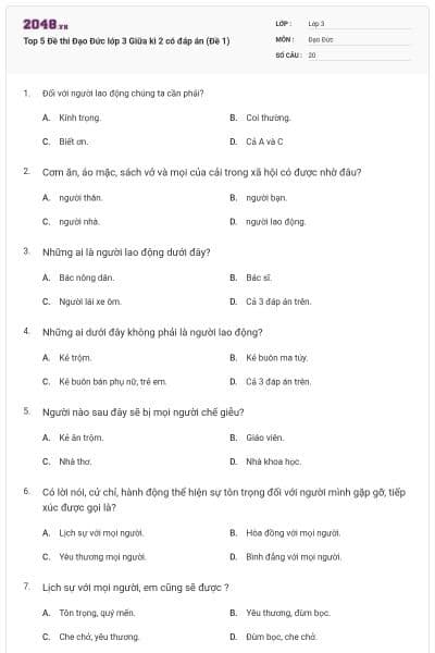 Top 5 Đề thi Đạo Đức lớp 3 Giữa kì 2 có đáp án (Đề 1)