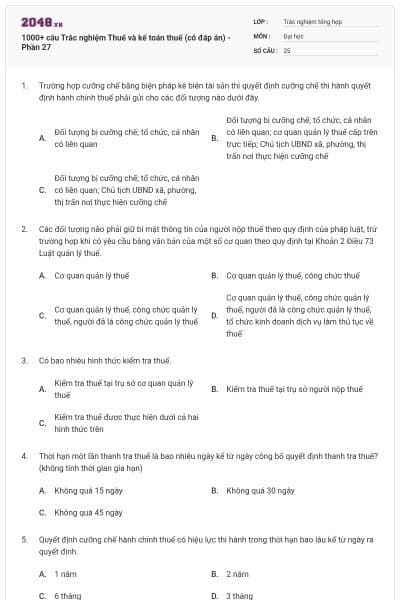1000+ câu Trắc nghiệm Thuế và kế toán thuế (có đáp án) - Phần 27