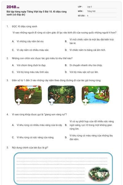 Bài tập hàng ngày Tiếng Việt lớp 5 Bài 10. Kì diệu rừng xanh (có đáp án)