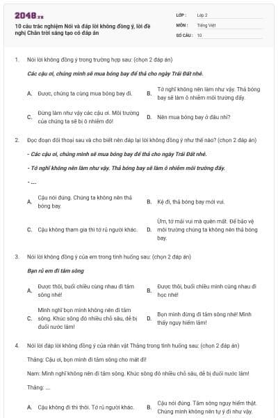 10 câu trắc nghiệm Nói và đáp lời không đồng ý, lời đề nghị Chân trời sáng tạo có đáp án