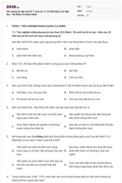 Đề cương ôn tập cuối kì 1 Lịch sử 11 (2 tiết/tuần) (có đáp án) - Đề kiểm tra tham khảo