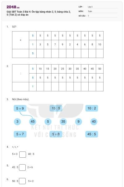 Giải SBT Toán 3 Bài 4: Ôn tập bảng nhân 2, 5; bảng chia 2, 5 (Tiết 2) có đáp án