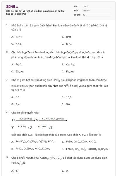 330 Bài tập Sắt và một số kim loại quan trọng ôn thi Đại học có lời giải (P5)