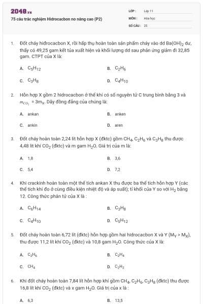 75 câu trắc nghiệm Hidrocacbon no nâng cao (P2)