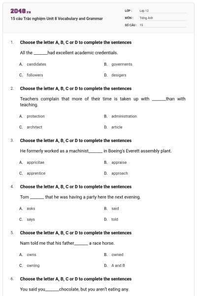 15 câu  Trắc nghiệm Unit 8 Vocabulary and Grammar