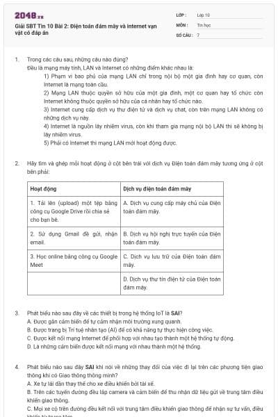 Giải SBT Tin 10 Bài 2: Điện toán đám mây và internet vạn vật có đáp án