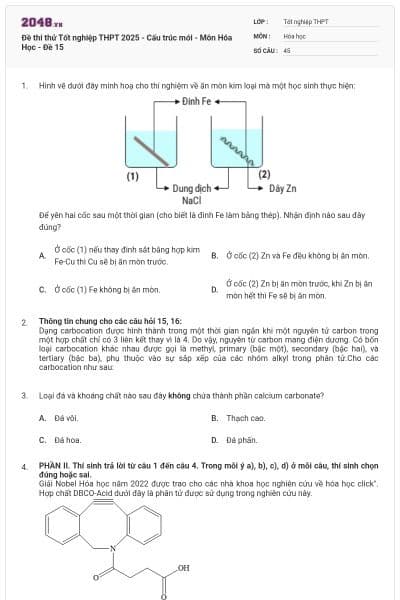 Đề thi thử Tốt nghiệp THPT 2025 - Cấu trúc mới - Môn Hóa Học - Đề 15