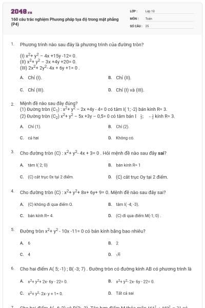 160 câu trắc nghiệm Phương pháp tọa độ trong mặt phẳng (P4)