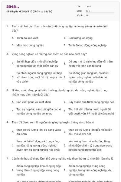 Đề thi giữa kì 2 Địa lí 10 (Đề 3 - có đáp án)