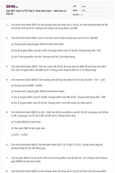 Giải SBT Toán 8 CTST Bài 4. Hình bình hành – Hình thoi có đáp án