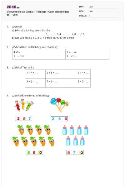 Đề cương ôn tập Cuối kì 1 Toán lớp 1 Cánh diều (có đáp án) - Đề 5