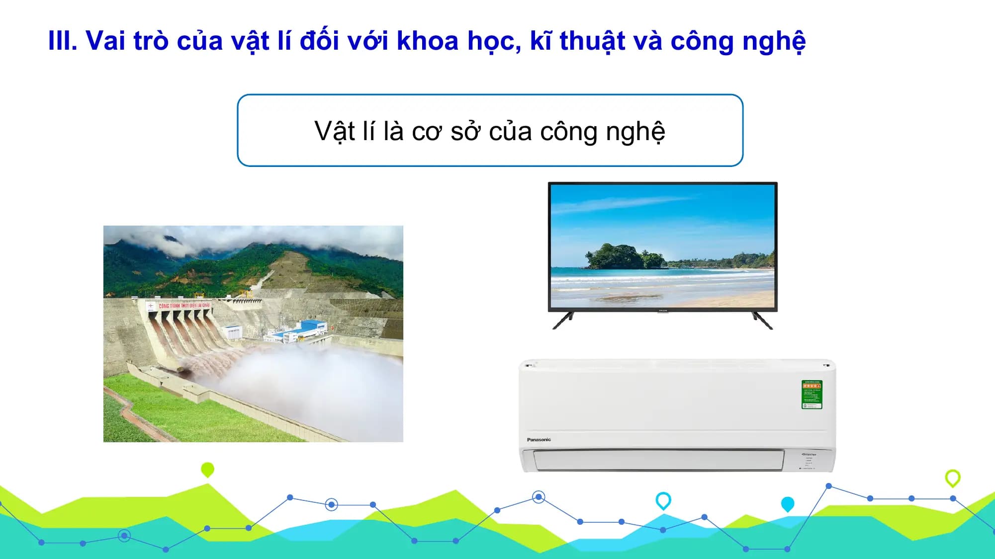 III. Vai trò của vật lí đối với khoa học, kĩ thuật và công nghệ

 Vật lí là cơ sở của công nghệ