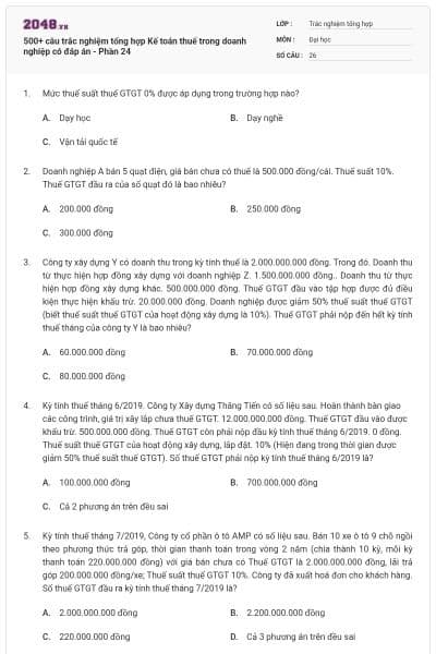 500+ câu trắc nghiệm tổng hợp Kế toán thuế trong doanh nghiệp có đáp án - Phần 24