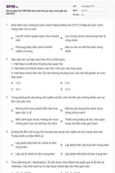Đề tự luyện thi THPTQG môn Lịch Sử cực hay có lời giải chi tiết (P6)