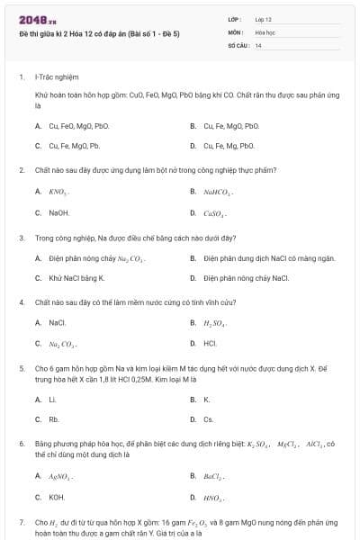 Đề thi giữa kì 2 Hóa 12 có đáp án (Bài số 1 - Đề 5)