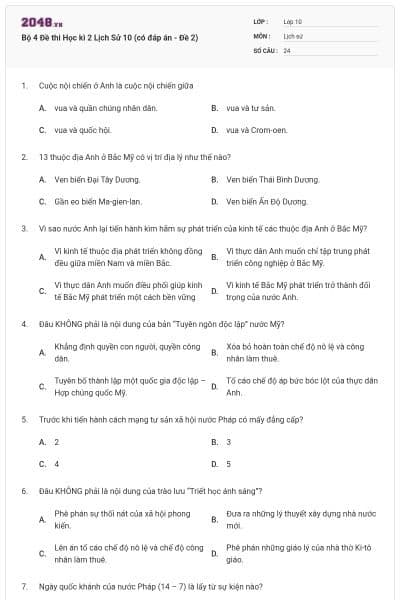 Bộ 4  Đề thi Học kì 2 Lịch Sử 10 (có đáp án - Đề 2)