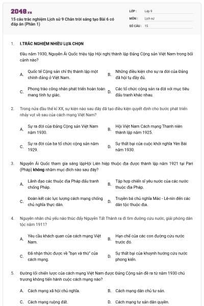 15 câu trắc nghiệm Lịch sử 9 Chân trời sáng tạo Bài 6 có đáp án (Phần 1)