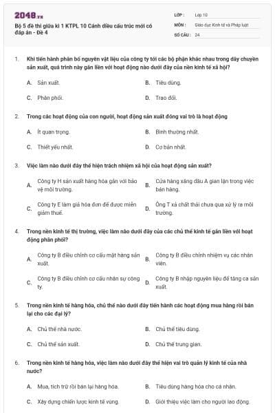 Bộ 5 đề thi giữa kì 1 KTPL 10 Cánh diều cấu trúc mới có đáp án - Đề 4