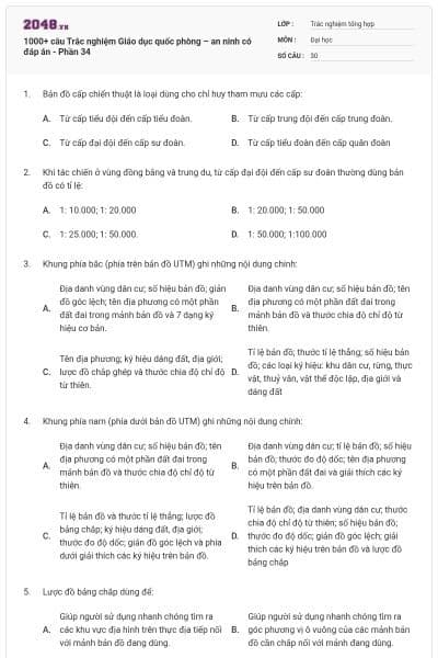 1000+ câu Trắc nghiệm Giáo dục quốc phòng – an ninh có đáp án - Phần 34