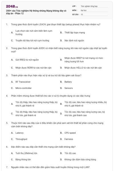 200+ câu Trắc nghiệm Hệ thống nhúng Mạng không dây có đáp án - Phần 12
