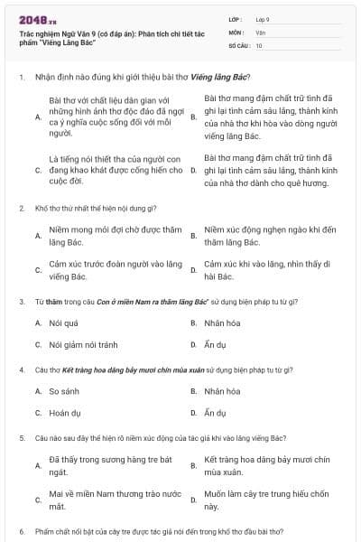 Trắc nghiệm Ngữ Văn 9 (có đáp án): Phân tích chi tiết tác phẩm “Viếng Lăng Bác”