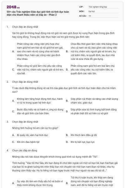 50+ câu Trắc nghiệm Giáo dục giới tính và tình dục toàn diện cho thanh thiếu niên có đáp án - Phần 2
