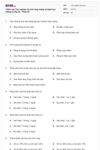 1000+ câu Trắc nghiệm Vệ sinh răng miệng và bệnh học miệng có đáp án - Phần 20