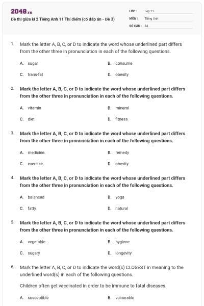 Đề thi giữa kì 2 Tiếng Anh 11 Thí điểm (có đáp án - Đề 3)
