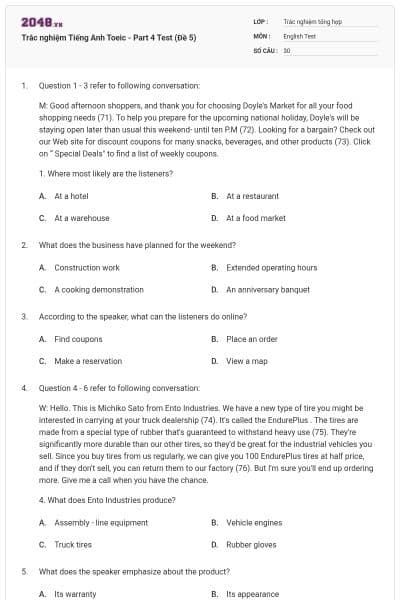 Trắc nghiệm Tiếng Anh Toeic - Part 4 Test (Đề 5)