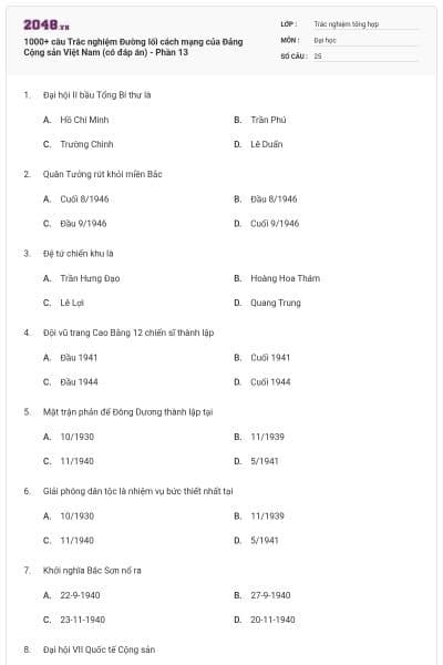 1000+ câu Trắc nghiệm Đường lối cách mạng của Đảng Cộng sản Việt Nam (có đáp án) - Phần 13
