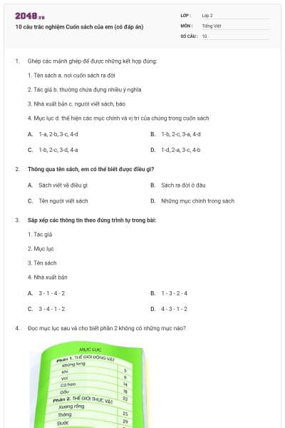10 câu trắc nghiệm Cuốn sách của em (có đáp án)