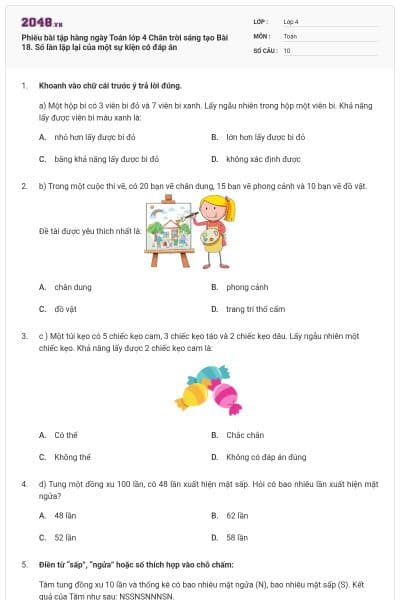 Phiếu bài tập hàng ngày Toán lớp 4 Chân trời sáng tạo Bài 18. Số lần lặp lại của một sự kiện có đáp án