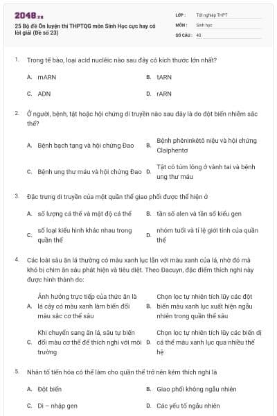 25 Bộ đề Ôn luyện thi THPTQG môn Sinh Học cực hay có lời giải (Đề số 23)
