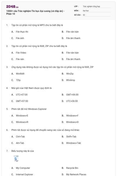 1000+ câu Trắc nghiệm Tin học đại cương (có đáp án) - Phần 10