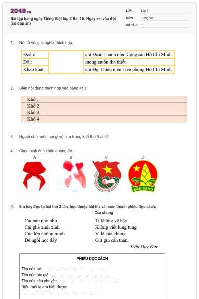 Bài tập hàng ngày Tiếng Việt lớp 3 Bài 16. Ngày em vào đội (có đáp án)