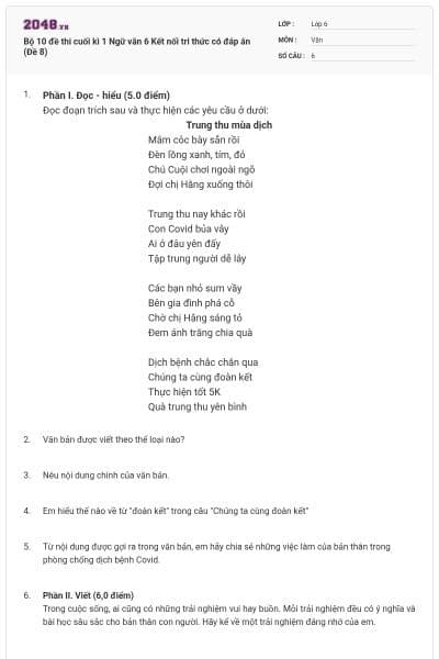 Bộ 10 đề thi cuối kì 1 Ngữ văn 6 Kết nối tri thức có đáp án (Đề 8)
