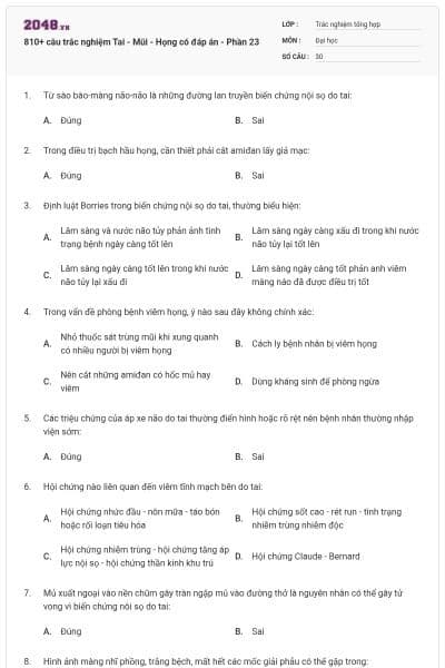 810+ câu trắc nghiệm Tai - Mũi - Họng có đáp án - Phần 23