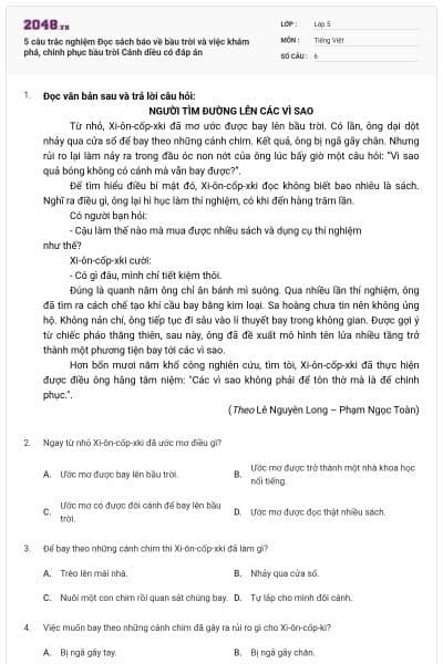 5 câu trắc nghiệm Đọc sách báo về bầu trời và việc khám phá, chinh phục bầu trời Cánh diều có đáp án