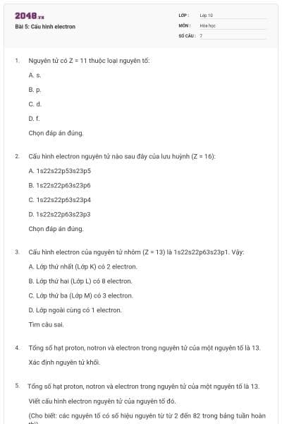 Bài 5: Cấu hình electron