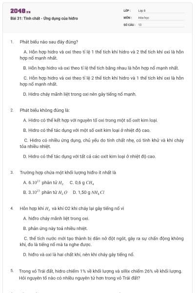 Bài 31: Tính chất - Ứng dụng của hiđro