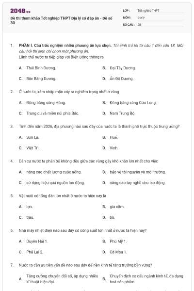 Đề thi tham khảo Tốt nghiệp THPT Địa lý có đáp án - Đề số 30