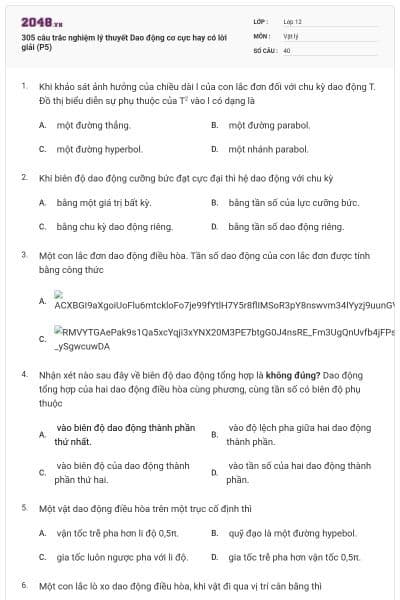 305 câu trắc nghiệm lý thuyết Dao động cơ cực hay có lời giải (P5)