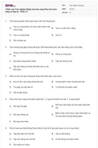 1000+ câu Trắc nghiệm Nhập môn lâm sàng Phục hồi chức năng có đáp án - Phần 21