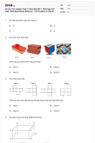 20 câu Trắc nghiệm Toán 7 Cánh diều Bài 1. Hình hộp chữ nhật. Hình lập phương (Đúng sai - Trả lời ngắn) có đáp án