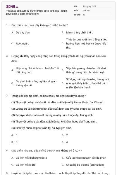 Tổng hợp 20 bộ đề thi thử THPTQG 2019 Sinh Học - Chinh phục điểm 9 điểm 10 (Đề số 9)
