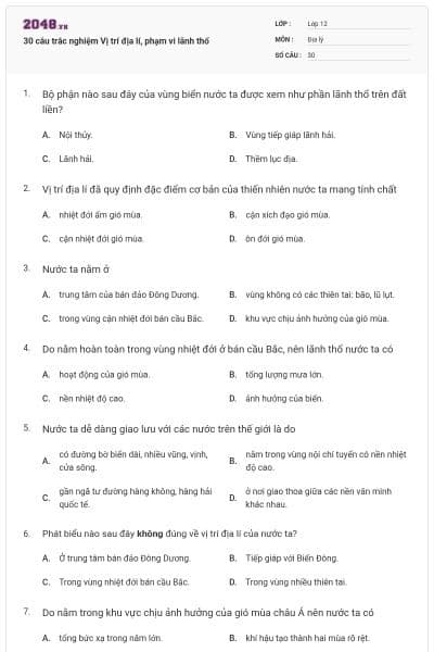 30 câu trắc nghiệm Vị trí địa lí, phạm vi lãnh thổ